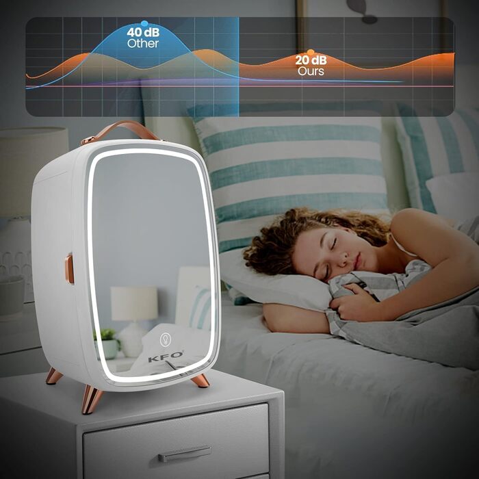 Міні-холодильник KFO Ultra-тихий (20 дБ) з LED-дзеркалом для косметики та напоїв, 220V AC/ 12V DC, термоелектричне охолодження та нагрівання, білий (6 л)