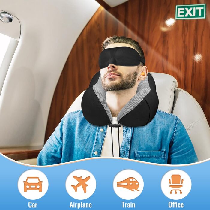 Подушка для шиї CloudBliss, преміум-меморі піна, комфортна та підтримуюча, зняття болю, для подорожей, літака, авто, офісу та дому, 1 шт. (Чорний, 1 шт.)