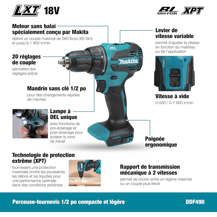 Акумуляторний дриль-шуруповерт Makita DDF490Z 18V Li-Ion LXT безщітковий, без акумулятора та зарядного пристрою