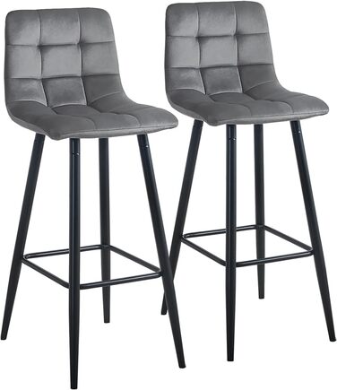 Velvet Bar Stools Set of 2 with Backrest - 66cm Counter Height - Grey
