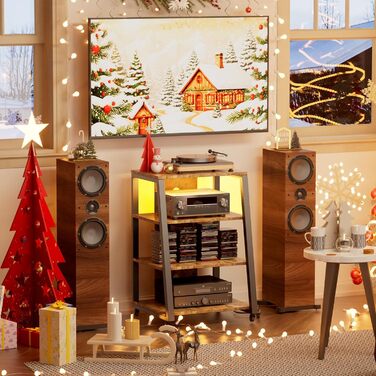 Lifewit Полиця HiFi для вінілу з колесами, регульованими полицями, розетками та LED-підсвіткою, чорно-коричнева, 60x55x90 см