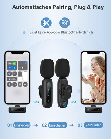 Беспроводной петличный микрофон для iPhone, iPad, Android, 2 шт. с шумоподавлением, авто-подключением, функцией Mute и Reverb для видеоблогинга, съемки видео, TikTok, YouTube