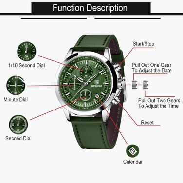 Годинник чоловічий BENYAR Chronograph Аналоговий кварц Водостійкий зі світлодіодною підсвічуванням дати, стильний бізнес-годинник для чоловіків (зелений)