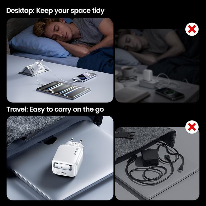 Зарядний пристрій USB-C toocki GaN 67W з LED дисплеєм та вбудованим кабелем 30W для MacBook, iPhone 17 Pro Max, Samsung Galaxy S24 Ultra/S23, Nintendo Switch, ноутбуків та смартфонів