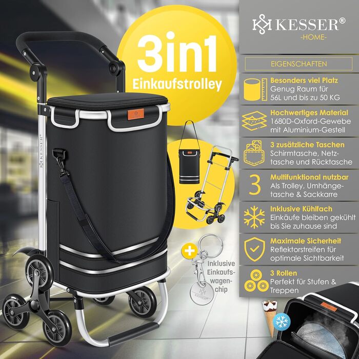 KESSER® Тележка для покупок зі сходами, з термосумкою, 56л, до 50кг | 3в1: тележка, візок, сумка через плече | Чорний