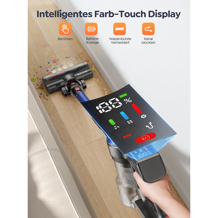 Бездротовий пилосос BuTure VAC 450W, 38000Pa, з зарядкою від підлоги, 55 хв роботи, потужний, з сенсорним екраном, для підлоги та килимів, з контейнером 1,5 л