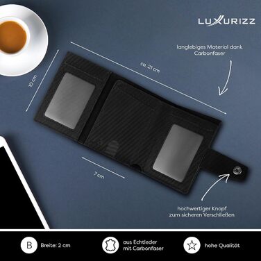 Чоловічий/Жіночий шкіряний гаманець Luxurizz Smart з RFID-захистом - Slim модель з відділенням для монет та карт (10 карт) - карбоновий
