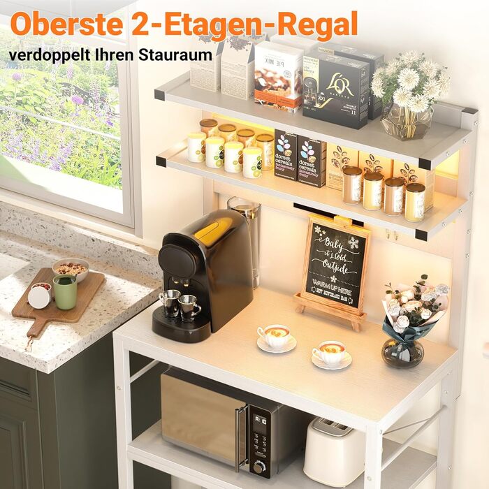 Кухонна полиця-органайзер з розеткою, стійка для мікрохвильовки, 5-ярусна кавобар з LED-підсвічуванням, полиця для спецій, каструль та сковорідок (60см, білий)