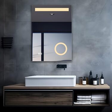 LED дзеркало для ванної кімнати з підсвічуванням 50x70 см, без годинника, 3 кольори світла, сенсорне регулювання, протизапотівання, збільшення