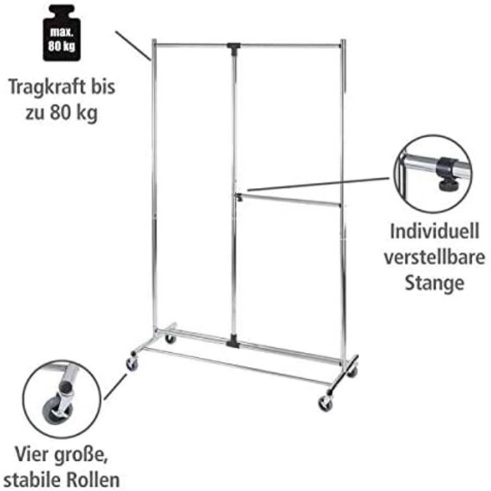 WENKO Clothes Rack, Folding, Clothes Storage with Adjustable Clothes Rail and Wheels, Plastic/Metal, 88 x 100-168 x 11-49 cm, Chrome/Grey (188 x 49 x 116 cm)