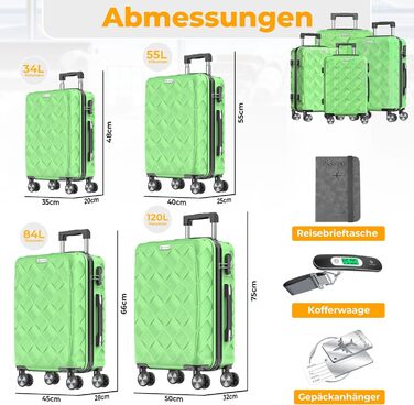 Набір валіз KESSER® 4 шт. | ABS валізи з кодовим замком, ваговою системою та органайзером для подорожей | Ручна та велика поїздка, бізнес та валіза-тележка (яблучно-зелений)