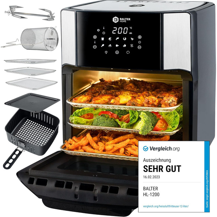 Balter Hot Air Fryer HL-1200, Fryer, 12 Liter, Mini Oven, Dehydrator Function, LCD Display, 10 Programs, incl. Recipe Booklet and Accessories