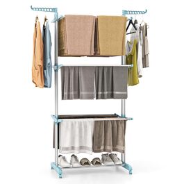 Сушарка для білизни COSTWAY 4-рівнева з колесами, розкладна, з 2 обертовими крилами, висувна, для дому та вулиці (світло-блакитна)