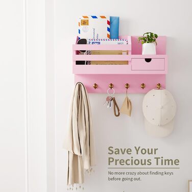 Настінна органайзер для ключів з 6 гачками та шухлядою, дерев'яна полиця для ключів, ключниця на стіну, для дому, офісу, прихожої (білий) (Рожевий - 02)