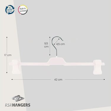 Вішалки для штанів RSR-Hangers® білі, 20 шт, XL PUC, пластикові пліччики з регульованими протиковзкими затискачами, 42 см, поворотний гачок 360°, Made in Germany
