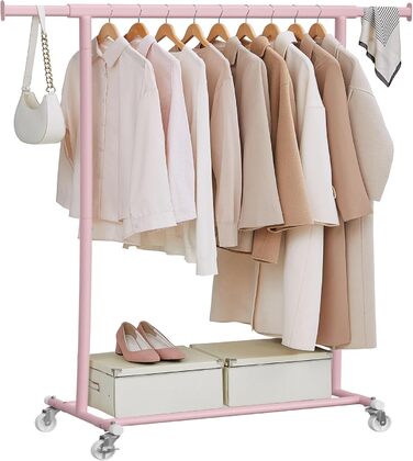 SONGMICS Стійка для одягу на коліщатках, важка, висувна штанга, до 100 кг, рожева HSR013R01, 92-132 см