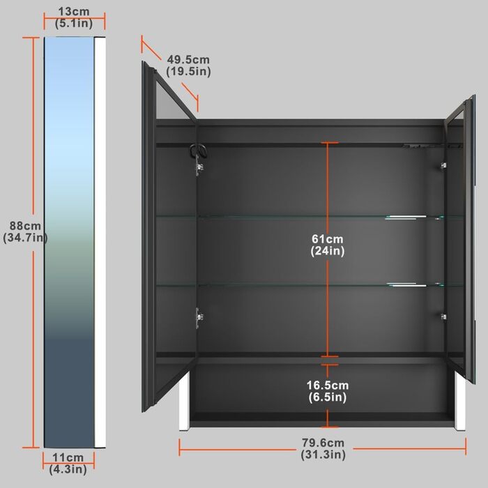 LED дзеркальна шафка у ванну кімнату KWW з підсвічуванням, регульованою температурою світла, антитуманним покриттям та USB-роз'ємами (2 дверцята, 80x70 см)