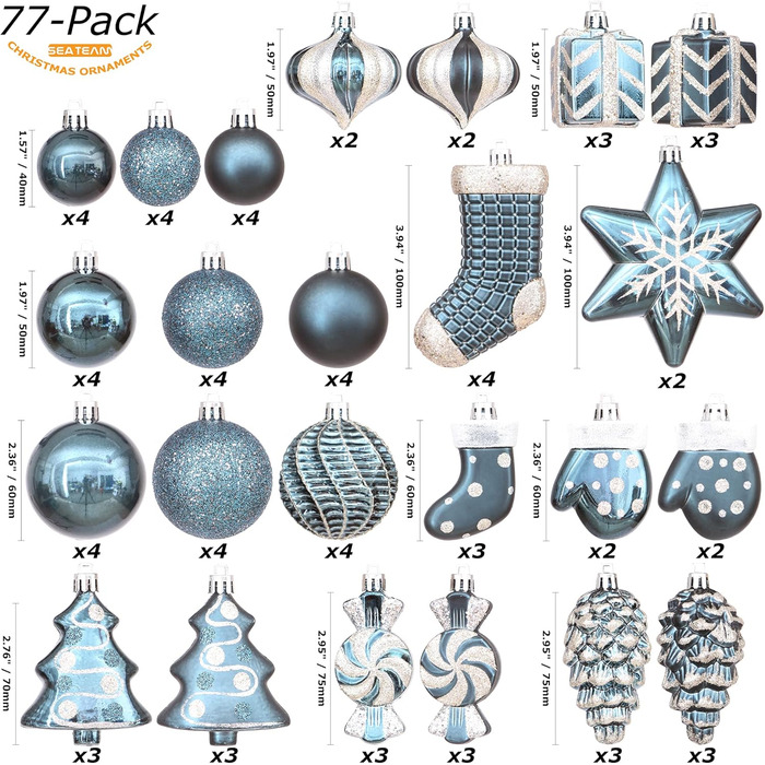 Набір прикрас для ялинки Sea Team 77 шт. – міцні кулі, прикраси, кулі-підвіски, подарункова упаковка (кам'яно-блакитний)