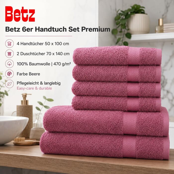 Набір рушників Betz Premium 6 предметів, 100% бавовна, колір Ягіда (4 рушники 50x100 см, 2 банні рушники 70x140 см) для ванної та гостей