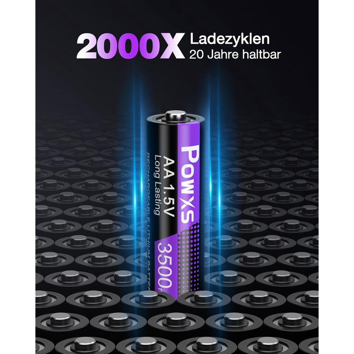 Акумулятори POWXS 8x 3500mAh AA Lithium з 8-порідним швидким зарядним пристроєм з LCD-дисплеєм | Швидка зарядка та стабільна напруга 1.5V | Для геймпадів, LED-ліхтарів, пультів дистанційного керування