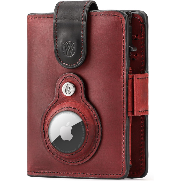 Will Fire® AirTag Wallet with Photo Capsule | Includes AirTag Attachment | Genuine Leather Wallet with Coin & Bill Compartments | Extra Secured RFID Card Holder | Space for up to (12) Cards | [Red-Black]