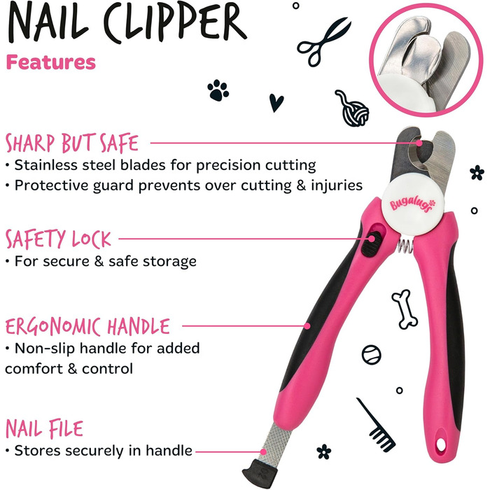 Триммер для обрізання кігтів собак та котів Bugalugs з захистом та пилкою для кігтів. Підходить для собак, котів, цуценят та кошенят (розмір M-L)