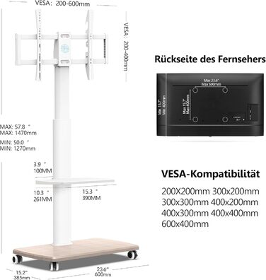 FITUEYES Rolling TV Stand with Wood Shelf - Adjustable Height & Swivel - Fits 32-70 inch TVs up to 40kg, VESA 400x600 - White