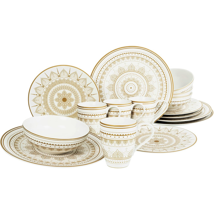 CreaTable Серія MANDALA GOLD - Чорний, 16-частинний набір посуду, Комбінований сервіз з кераміки, підходить для миття в посудомийній машині та для мікрохвильової печі, преміум-якість
