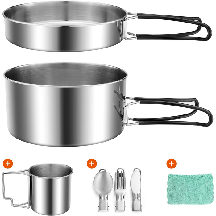 Набір кухонного посуду для кемпінгу Odoland 7 предметів: каструля, сковорода, тарілки, миски, столові прибори з нержавіючої сталі