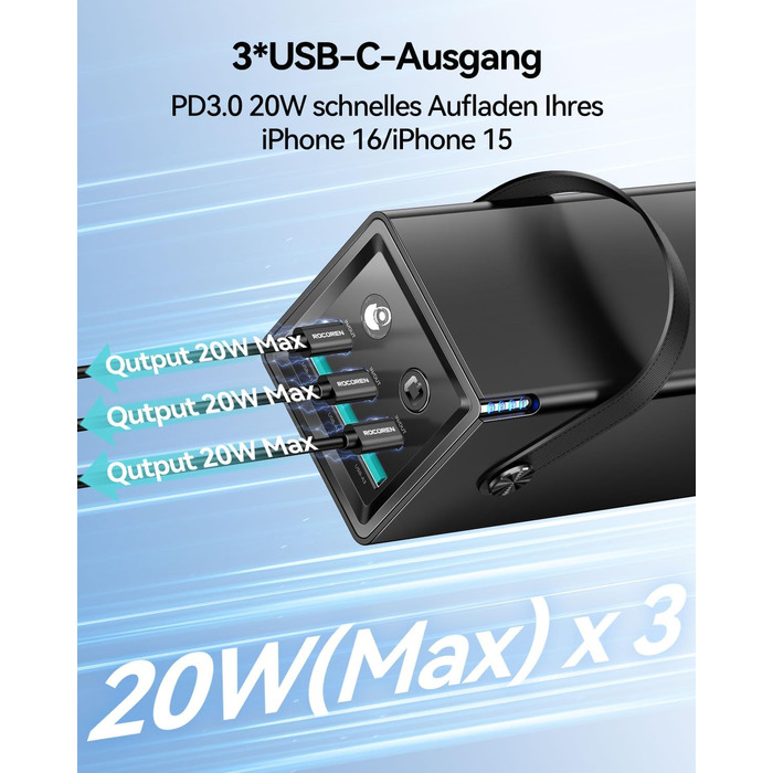 Power Bank Rocoren 50000mAh з 6 портами USB (USB-C та USB-A) для кемпінгу та подорожей. Швидка зарядка 67.5W. Сумісний з iPhone, iPad, планшетами. Чорний