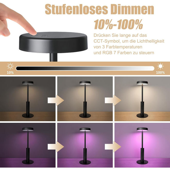 LED-лампа настільна бездротова, акумуляторна, 3 кольори, RGB, регульована яскравість, сенсорне керування, чорна. Підходить для вітальні, спальні, ресторану, вечірки, кав'ярні.
