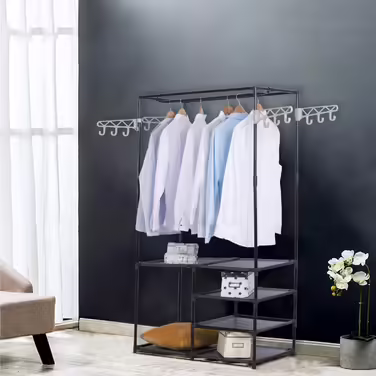 Wardrobe open, coat rack with clothes rail and 12 hooks, freestanding wardrobe with shelf, for dressing room, bedroom, 44 x 87 x 158 cm, Black