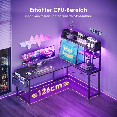 Ігровий стіл Coleshome L-подібної форми з LED підсвічуванням, 10 кольорів, 130x100 см, з полицями та кишенями для зберігання, для дому та геймерів, чорний