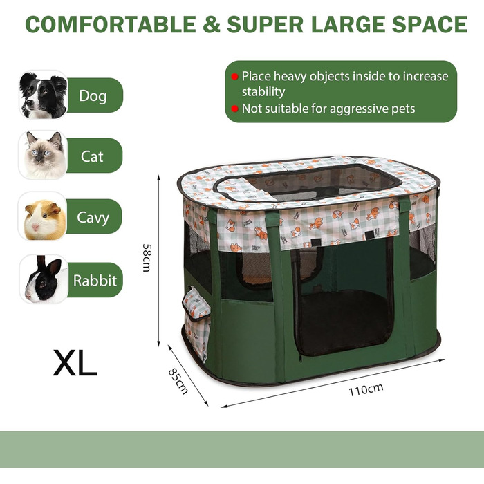 Складана огорожа для собак, вольєр для цуценят, переносний вольєр для тварин, вольєр для цуценят для дому, складаний вольєр для кошенят, собак, кроликів, XL (Темно-зелений), 110 * 85 * 58 см