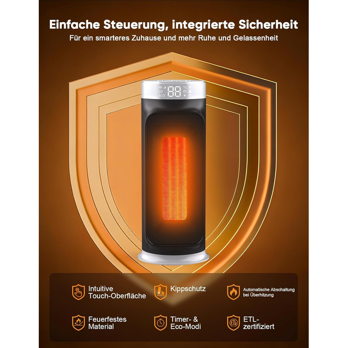 Розумний обігрівач з функцією охолодження, 1800W, WiFi, керування через додаток/Alexa/Google Assistant, для дому, офісу, спальні, чорний