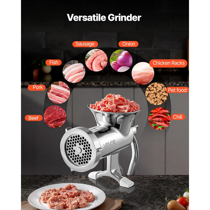 М'ясорубка ручна VEVOR з нержавіючої сталі, з присоскою та насадками для ковбас (38 см)