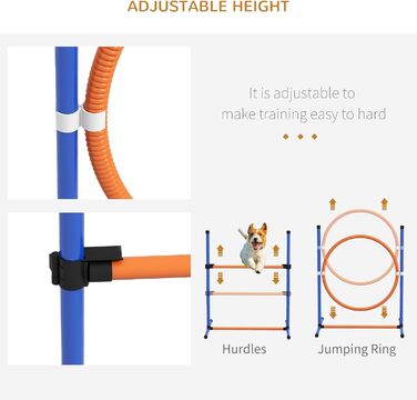 Набір для аджиліті PawHut для собак, 8 предметів, для вулиці, з тканинними стовпчиками, регульоване кільце для стрибків, бар'єри, зона відпочинку, тенісні м'ячі, свисток, шорти для тренувань