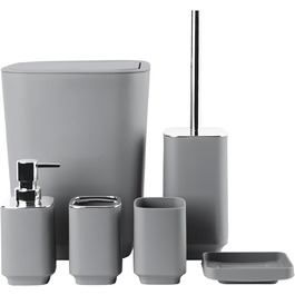 Сучасний набір для ванної кімнати на 6 предметів: мильниця, тримач для зубних щіток, дозатор мила, сміттєвий бак, стаканчик та WC-щітка з пластику та металу (сірий)