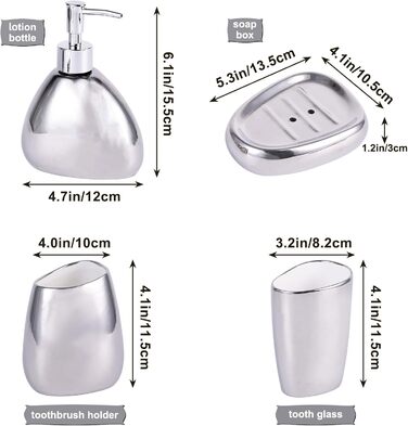 XYQXYQ Elegant 4-Piece Galvanized Ceramic Bathroom Set, featuring a lotion dispenser, mouth rinse cup, soap dish, and toothbrush holder, modern bathroom decoration set (white) (silver)