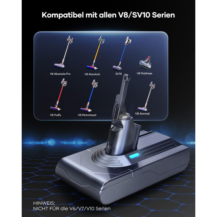 Акумулятор FLYLINKTECH V8 8.0Ah для пилососів Dyson V8 Absolute/Animal/Fluffy/Motorhead SV10 з 2+1 фільтрами та 4 шурупами