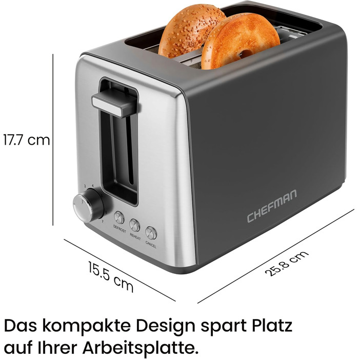 Тостер Chefman з 2-ма слотами, 7 ступенів підсмажування, знімний піддон для крихт, для товстого хліба та багелів, розморожування, зупинка, функція грилю – чорний