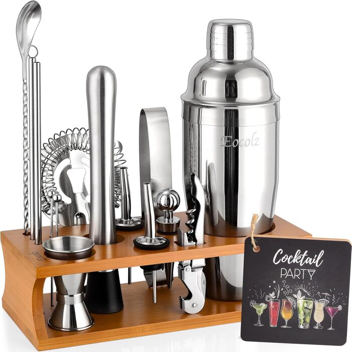 Cocktail Shaker Set with Bamboo Stand & Recipe Book - 750ml Stainless Steel Bar Set with 17-Piece Cocktail Mixing Kit - Bartender Gift for Women