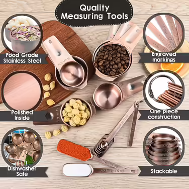 Measuring Cups and Spoons Set, Copper-Coated Measuring Cups and Spoons, Stainless Steel - 7 Measuring Cups and 9 Measuring Spoons, 1 Leveler, Kitchen Accessories for Baking and Cooking