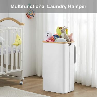 YOUDENOVA Laundry Basket with Lid 85L Laundry Collector Slim with Laundry Bag Large Foldable Laundry Sorter Wood Bamboo Laundry Chest High Laundry Baskets, White