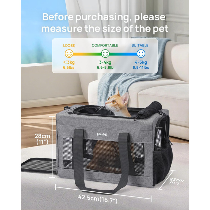 Транспортна сумка для котів Pecute Katzentasche: міцна переноска для домашніх тварин, легка, складана, для котів та маленьких собак, ідеальна для подорожей та до ветеринара, до 4 кг, сіра, 44 x 23 x 30 см
