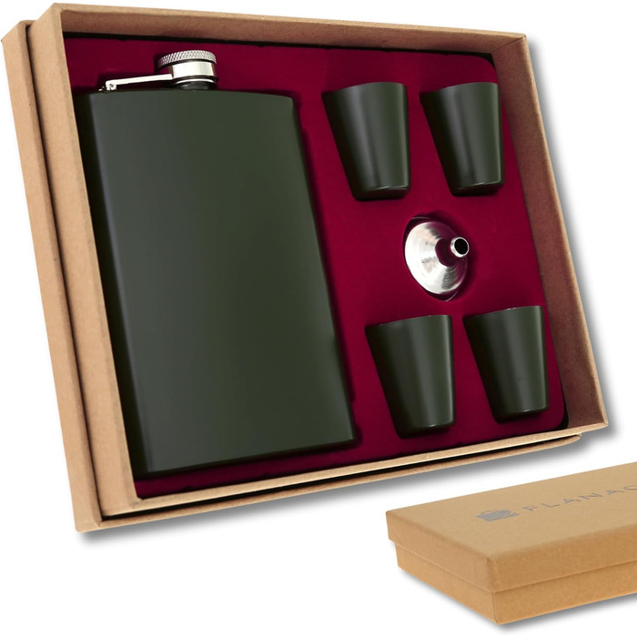 Набір фляга з нержавіючої сталі з келихом та воронкою • Військовий дизайн • Зелений • 9 oz / 265 ml • Для піших прогулянок