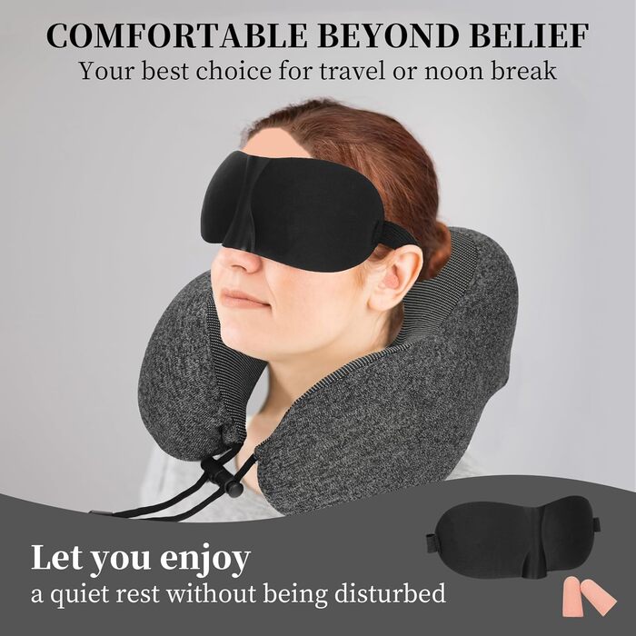 Подушка для шиї з Memory Foam, підтримка голови, набір для подорожей: маска для сну, навушники, чохол, м'яка подушка для сну в авто, літаку, офісі та вдома (Сірий)