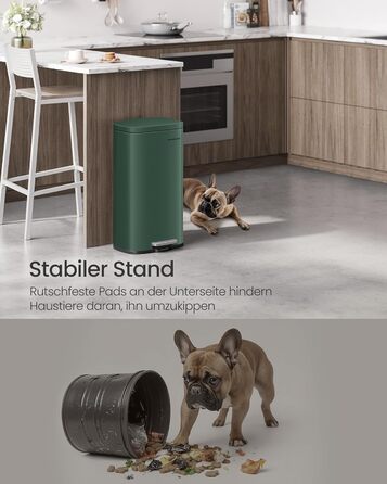 Відро для сміття SONGMICS 30 л, стале, з м'яким закриттям, з внутрішнім відром, для кухні, Vintage Green