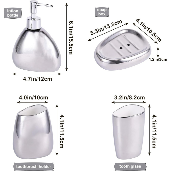 XYQXYQ Elegant 4-Piece Galvanized Ceramic Bathroom Set, featuring a lotion dispenser, mouth rinse cup, soap dish, and toothbrush holder, modern bathroom decoration set (white) (silver)