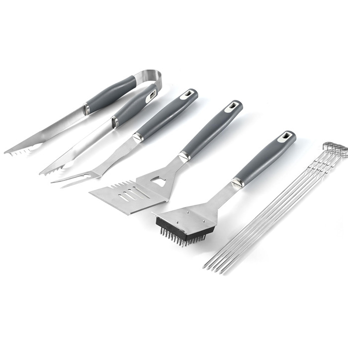 Набір аксесуарів для гриля Premium Grillzubehör Set 10-teilig Edelstahl Rostfrei - 10 предметів з нержавіючої сталі: шпатель, щипці, виделка, щітка для чищення. Для гриля, BBQ, кемпінгу, саду. Міцний набір для гриля.